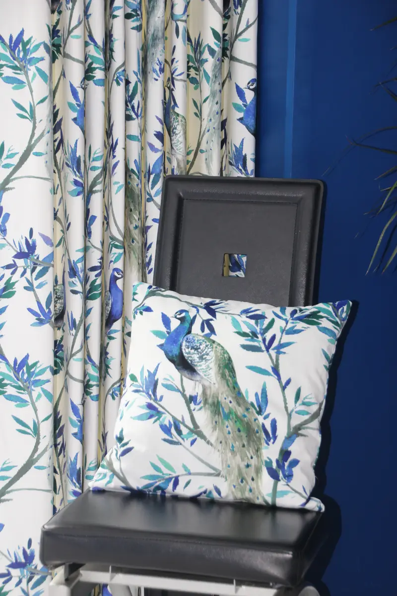 Blue floral curtain and cushion by Heather Horrocks Leigh