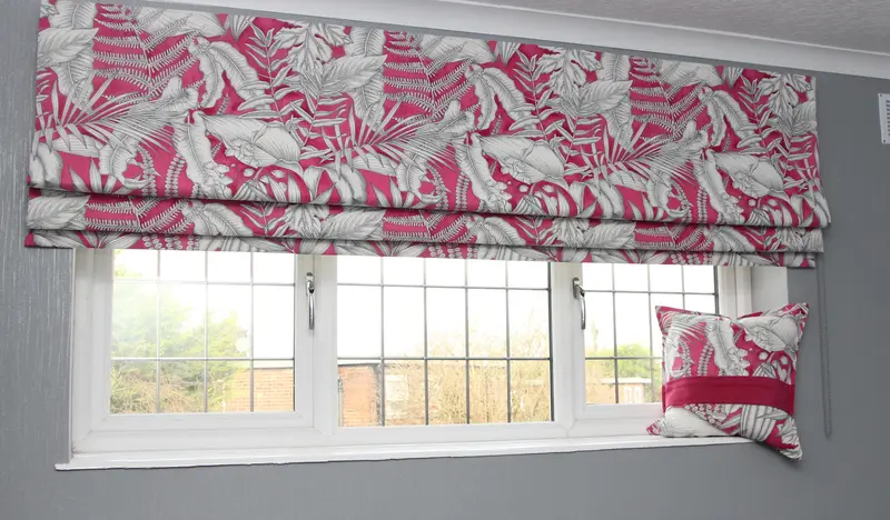 Pink leaf print Roman blind in a kitchen by Heather Horrocks Leigh