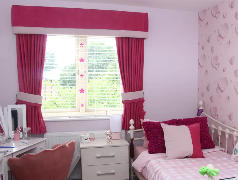 Raspberry curtains with pelmet by Heather Horrocks Leigh
