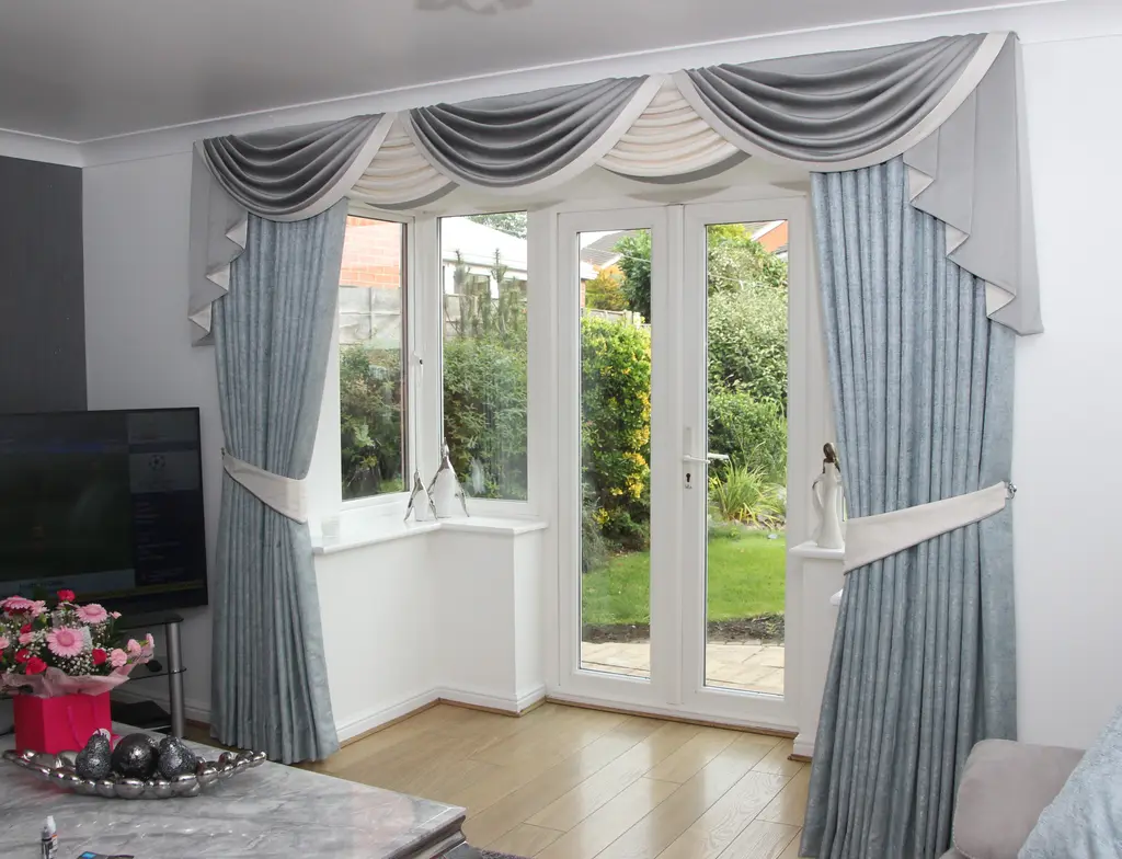Duck egg swags and curtains over French doors by Heather Horrocks Leigh
