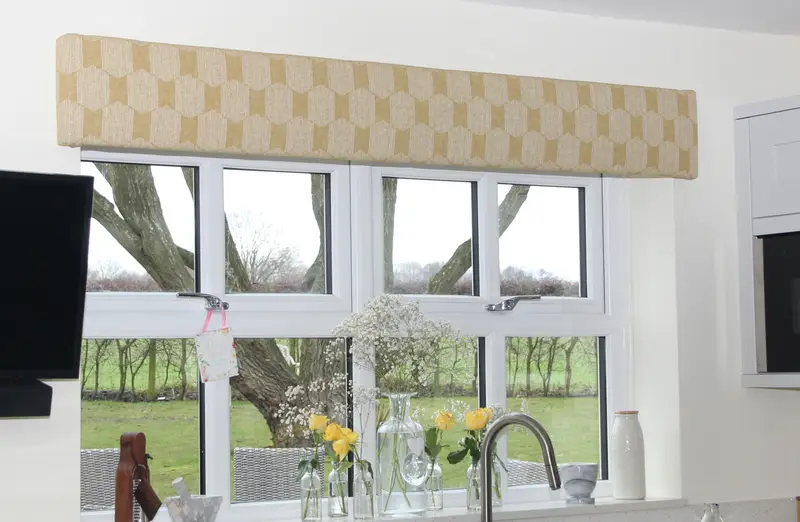 Upholstered pelmet over kitchen windows by Heather Horrocks Leigh